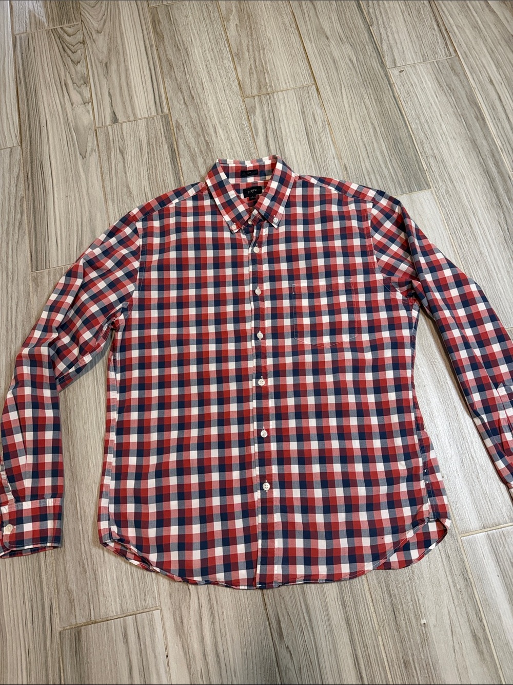 J. Crew Men’s Red Navy White Plaid Button-Down Shirt